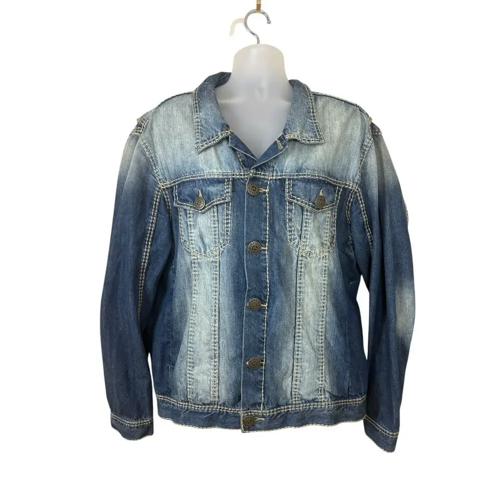 Rivet‎ de Cru Jacket Mens Size 3X Classic Trucker Denim Stitched Moto Distressed